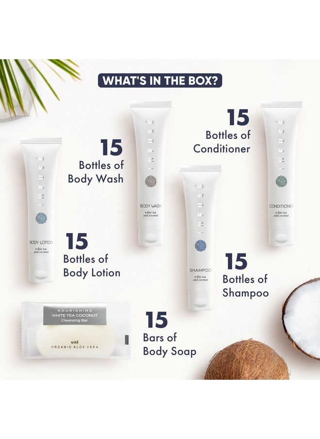 Terra Pure Infuse Pure White Tea And Coconut Hotel Soaps And Toiletries Bulk Set ; 1Shoppe Allinkit For Hotels ; 1Oz Shampoo & Conditioner Body Wash Lotion & 1.25Oz Bar Soap ; Travel Size 75 Pieces  - Image 4