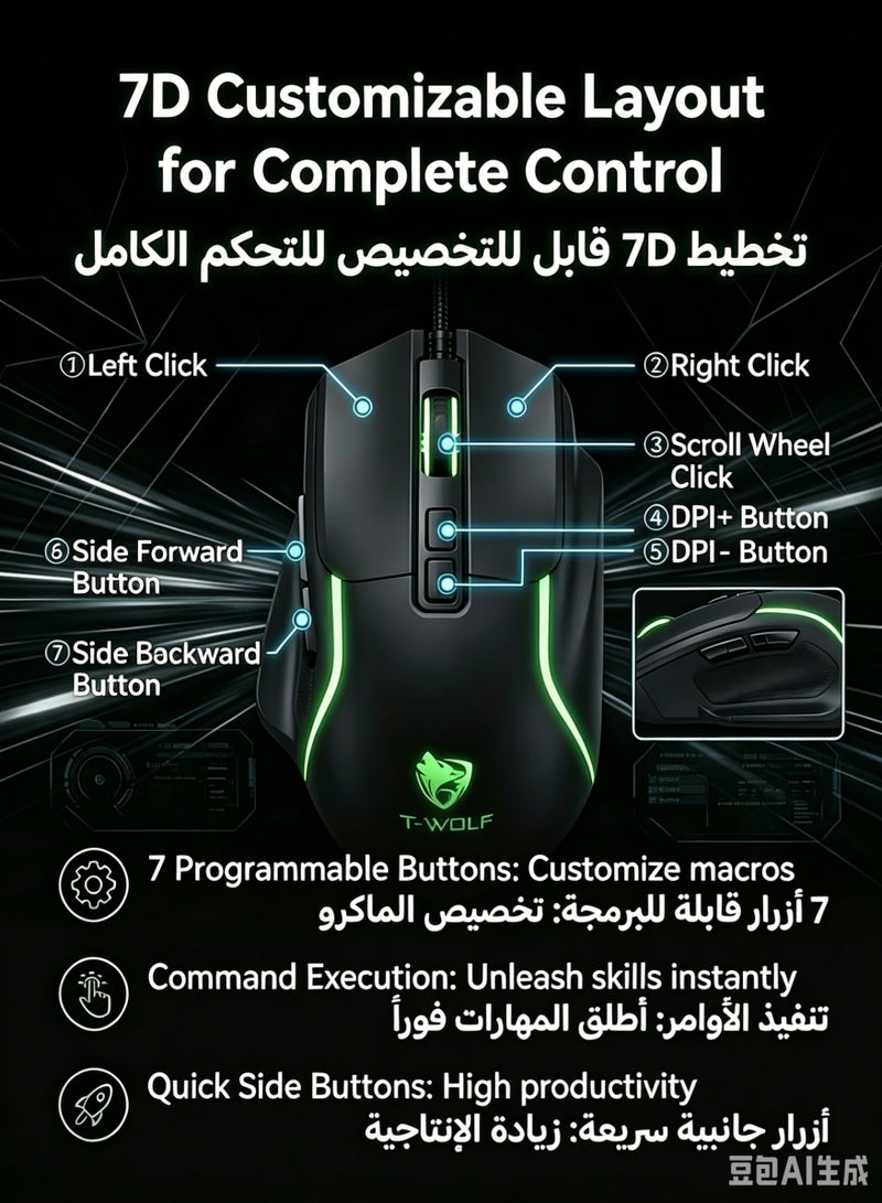 تي- وولف فأرة ألعاب سلكية عالية الأداء 7D، مزودة بمستشعر قابل للتعديل حتى 7200 نقطة في البوصة، وإضاءة خلفية ديناميكية تنبض بأربعة ألوان، و7 أزرار قابلة للبرمجة، وتوفر تصميم مريح للغاية للاعبي الكمبيوتر. - Image 4