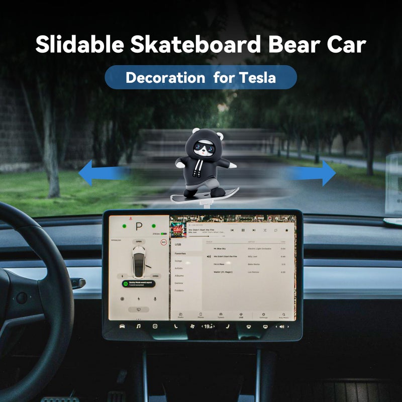 vnkesno Creative Slidable Skateboard Bear Car Interior Control Screen Decoration Compatible with 2017-2026 Tesla Model Y/3/Cybertruck Accessories, Car Interior Dashboard Decorations Accessories for Tesla - Image 4