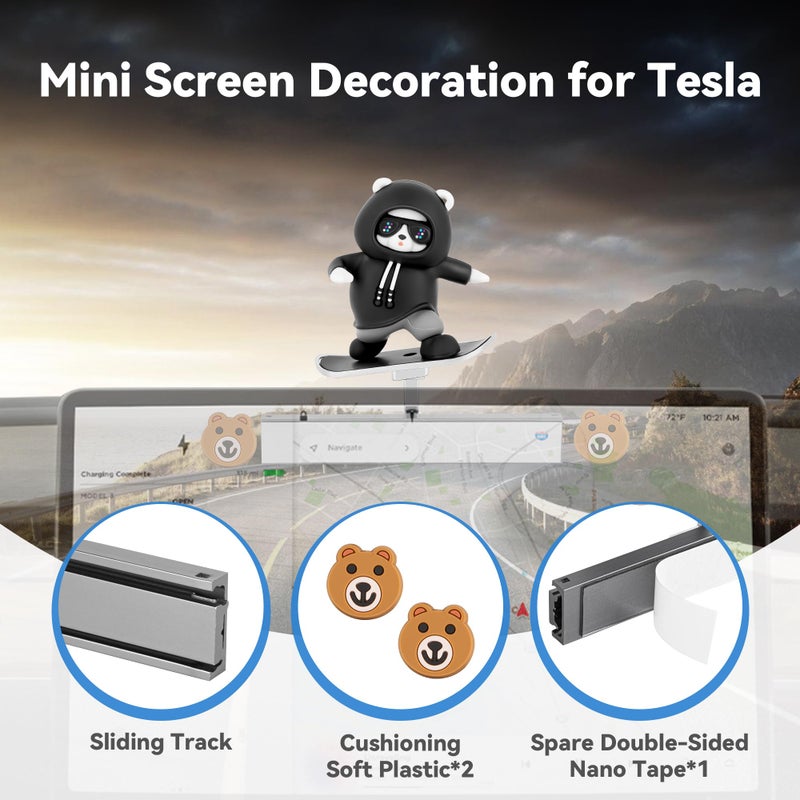 vnkesno Creative Slidable Skateboard Bear Car Interior Control Screen Decoration Compatible with 2017-2026 Tesla Model Y/3/Cybertruck Accessories, Car Interior Dashboard Decorations Accessories for Tesla - Image 2