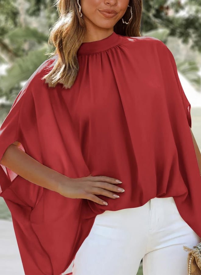 BTFBM Womens Summer Tops 2026 Mock Neck Batwing Sleeve Silk Satin Shirts Loose Oversized Dressy Casual Spring Blouses, Red, XL - Image 3