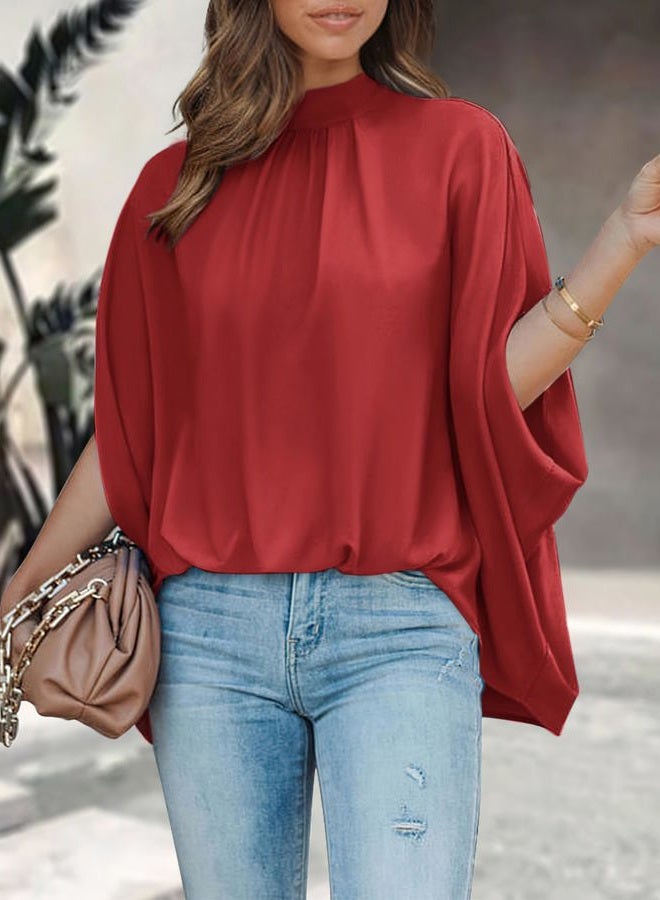 BTFBM Womens Summer Tops 2026 Mock Neck Batwing Sleeve Silk Satin Shirts Loose Oversized Dressy Casual Spring Blouses, Red, XL - Image 2