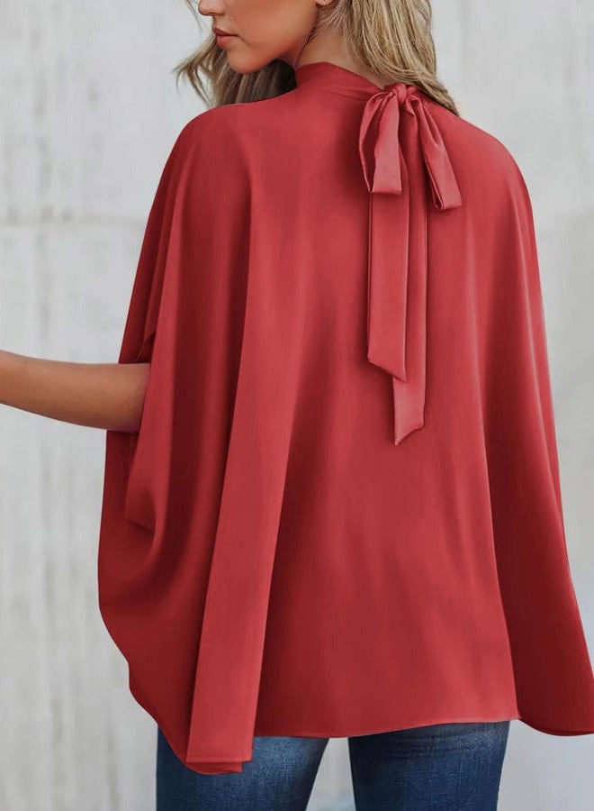 BTFBM Womens Summer Tops 2026 Mock Neck Batwing Sleeve Silk Satin Shirts Loose Oversized Dressy Casual Spring Blouses, Red, XL - Image 4