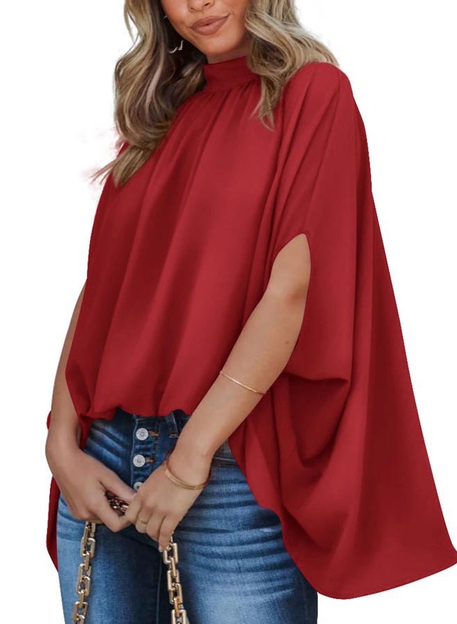 BTFBM Womens Summer Tops 2026 Mock Neck Batwing Sleeve Silk Satin Shirts Loose Oversized Dressy Casual Spring Blouses, Red, XL - Image 1