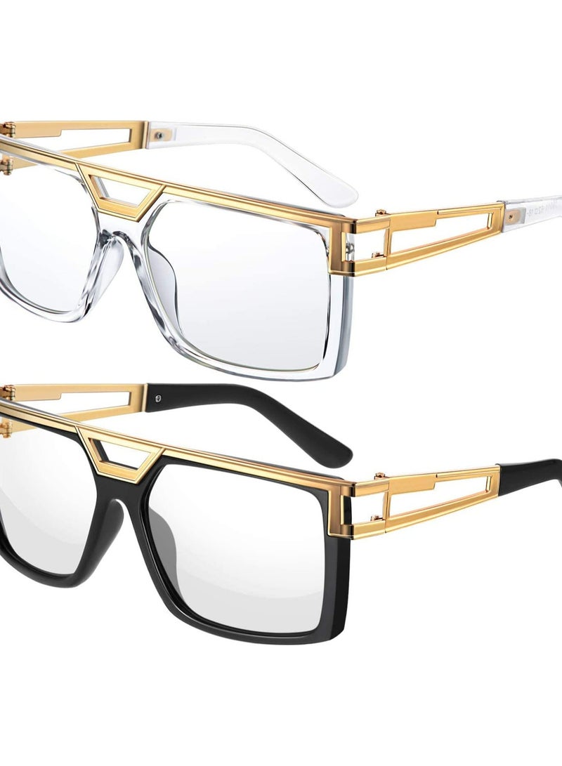 KASTWAVE Sunglasses 80s 90s Sunglasses Vintage Rapper DJ Glasses Hippie Glasses Unisex Fashion Big Frame Glasses Metal Sunglasses Street Photography Trend Double Nose Bridge Sunshade Glasses (2PCS) - Image 1