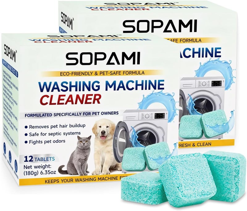 SOPAMI Washing Machine Cleaner Tablets 24-Pack (12 Month Supply) for HE/Top/Front Load Washers - Removes Stubborn Pet Hair, Odors, Mold & Residue, Septic Safe & Fragrance Free Wide use selected material - Image 1