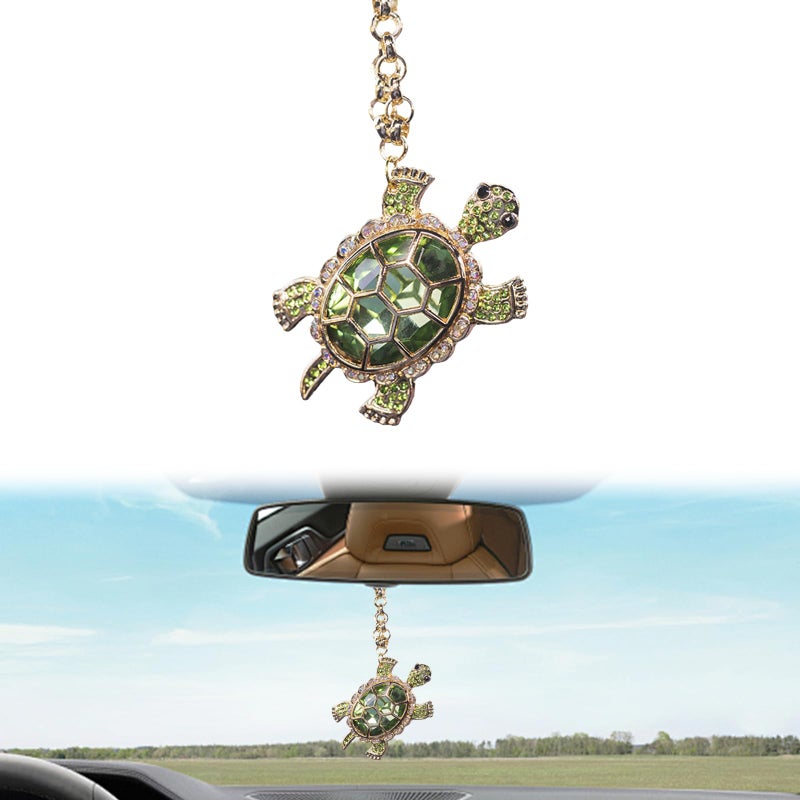 UHANBUT Bling Turtle Car Mirror Hanging Accessories Crystal Diamond Car Rear View Mirror Charm Cute Swinging Auto Hanging Ornament Pendant Funny Automotive Interior Decoration Accessories Green - Image 3