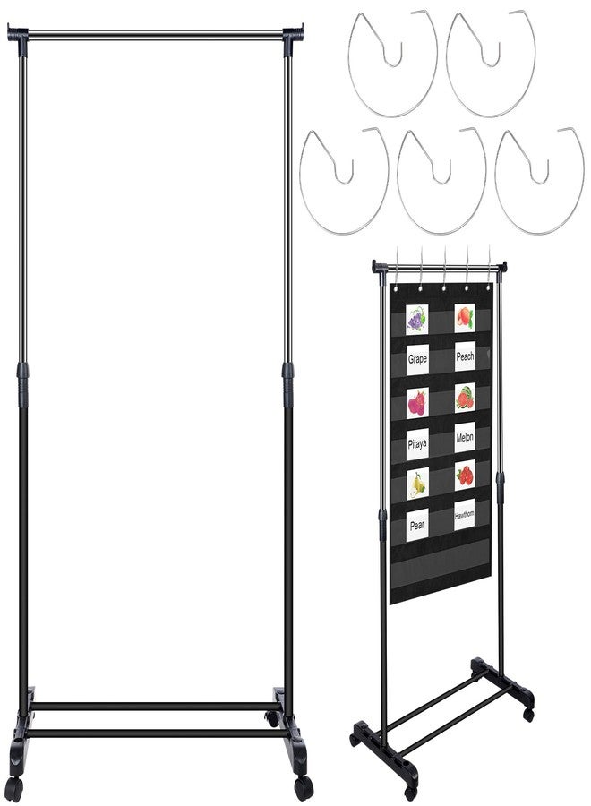 Fuyoooo Adjustable Pocket Chart Stand Stainless Steel Expandable Chart Stand with Casters Rolling Anchor Holder with 5 Rings for Classroom Home Educational Tools, Adjustable to 63 Inch(Black) - Image 1