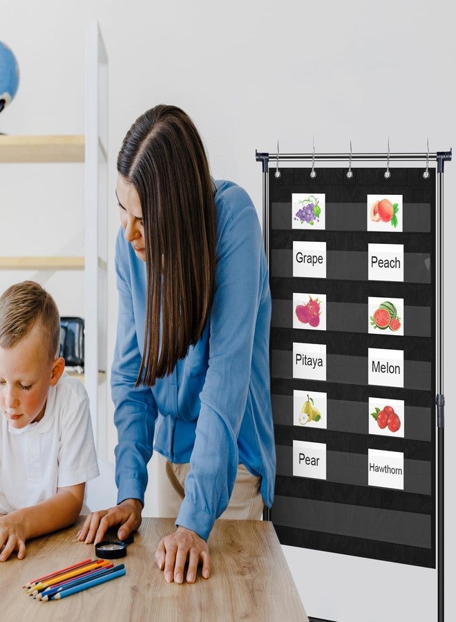Fuyoooo Adjustable Pocket Chart Stand Stainless Steel Expandable Chart Stand with Casters Rolling Anchor Holder with 5 Rings for Classroom Home Educational Tools, Adjustable to 63 Inch(Black) - Image 4