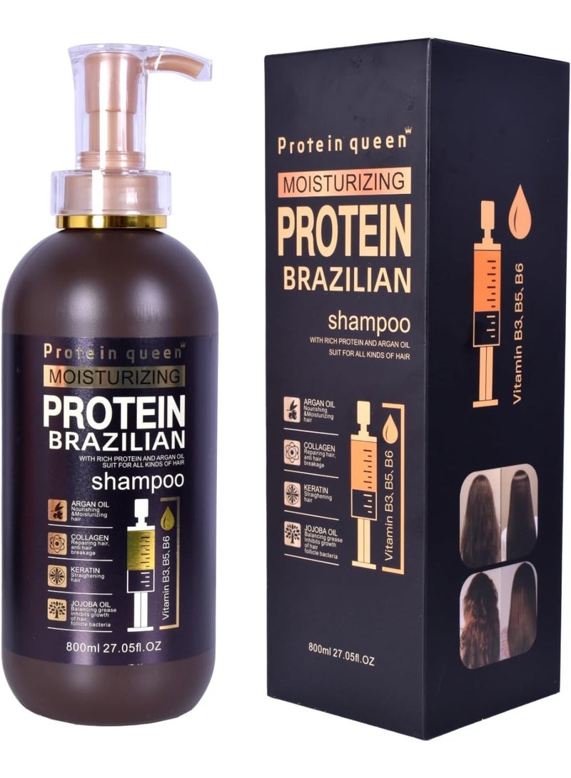Protein Queen Brazilian Professional Hair Treatment Set, Keratine Moisturizing & Hair Loss Control, Repair, Nourishment. Featuring– SHAMPOO, CONDITIONER, MASK, OIL & Collagen AMPOULES – Sulfate-Free, Protein-Rich Formula (Shampoo 1) - Image 1