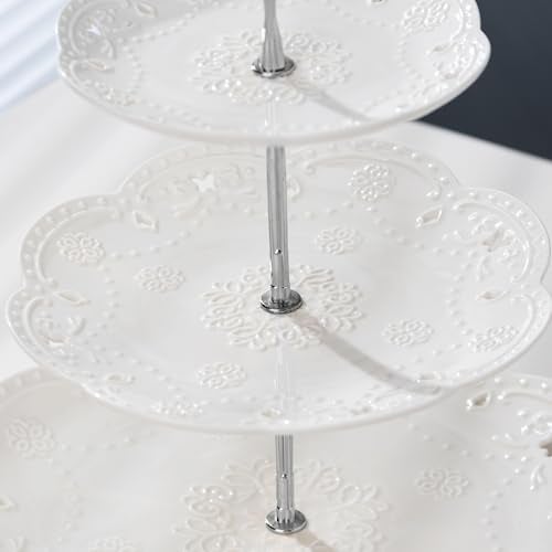 Jusalpha Cupcake Stand- Jusalpha 3-Tier White Porcelain Cake Stand Dessert Stand-Cupcake Stand-Tea Party Serving Platter, Comes in a Gift Box- Free Sugar Tong - Image 2
