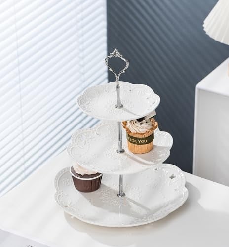 Jusalpha Cupcake Stand- Jusalpha 3-Tier White Porcelain Cake Stand Dessert Stand-Cupcake Stand-Tea Party Serving Platter, Comes in a Gift Box- Free Sugar Tong - Image 3