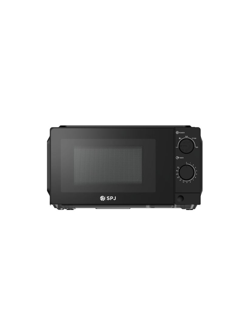 SPJ 20L Mechanical Microwave Oven, 700W Output Power, 5 Power Levels, Defrost Function, 35-Minute Timer, Glass Turntable, Manual Knob Control, Black