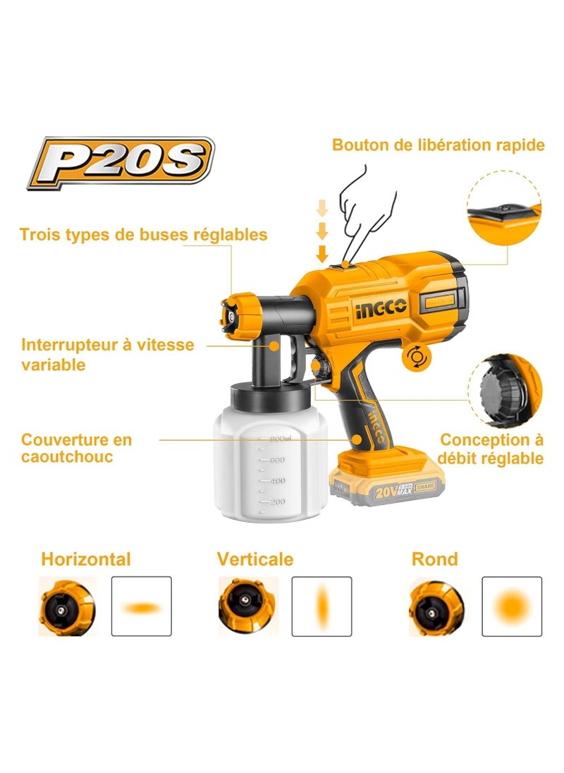 INGCO - INGCO 20V Cordless Paint Sprayer – High-Performance HVLP Spray Gun with 800ml/min Flow Rate, 3 Spray Patterns, 120DIN-s Viscosity, 800ml Container, Includes 1 Battery and Fast Charger - Image 1