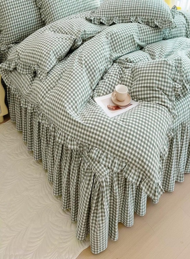 LifeTB Queen Comforter Set Green Gingham Comforter Vintage Ruffle Checkered Pattern Comforter Set Chic Grid Plaid Bedding Comforter Lightweight Fluffy Soft Gingham Bedding Set Queen Breathable - Image 4