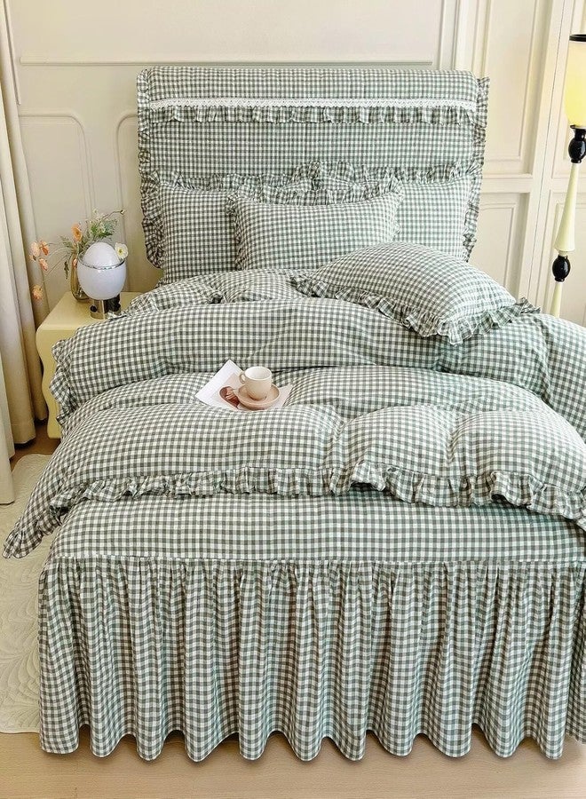 LifeTB Queen Comforter Set Green Gingham Comforter Vintage Ruffle Checkered Pattern Comforter Set Chic Grid Plaid Bedding Comforter Lightweight Fluffy Soft Gingham Bedding Set Queen Breathable - Image 5