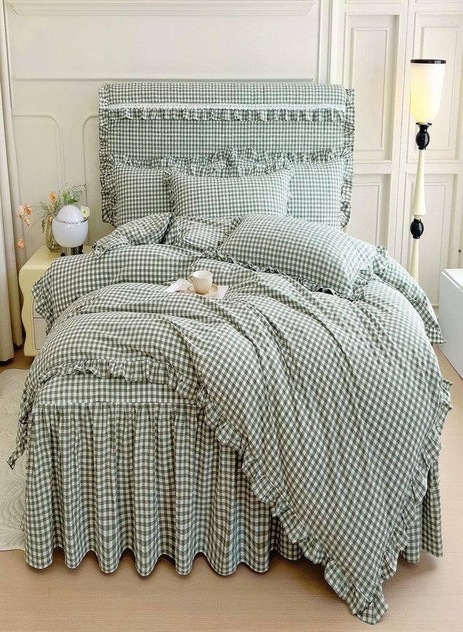 LifeTB Queen Comforter Set Green Gingham Comforter Vintage Ruffle Checkered Pattern Comforter Set Chic Grid Plaid Bedding Comforter Lightweight Fluffy Soft Gingham Bedding Set Queen Breathable - Image 2