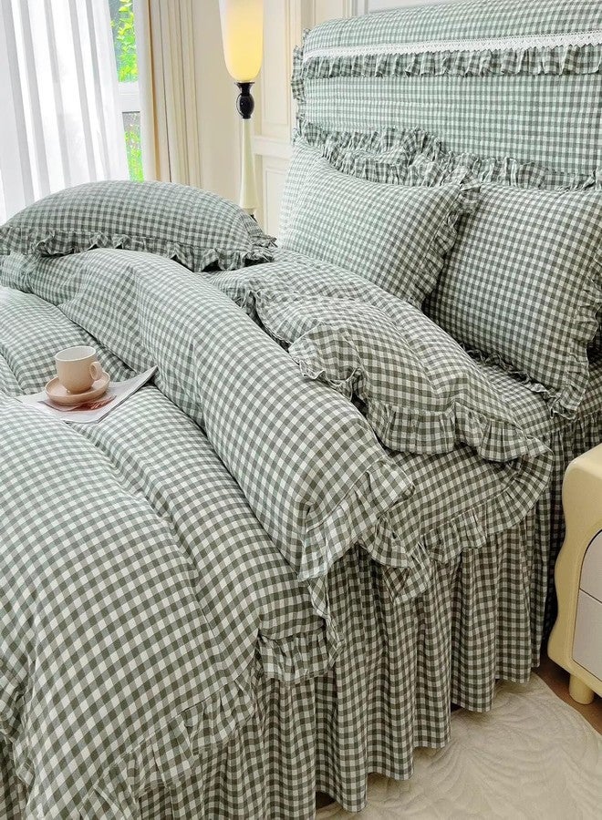 LifeTB Queen Comforter Set Green Gingham Comforter Vintage Ruffle Checkered Pattern Comforter Set Chic Grid Plaid Bedding Comforter Lightweight Fluffy Soft Gingham Bedding Set Queen Breathable - Image 1