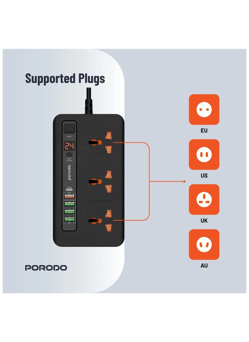 بورودو - طقم الطاقة متعدد المنافذ HUB 4 USB-A/USB-C متعدد المنافذ للمنزل والمكتب 2M / 3000 واط مخرج تيار متردد / 18W USB QC3.0 / 20W USB-C PD / سلك طاقة 200 سم مع حماية من الحرارة الزائدة - أسود - Image 1