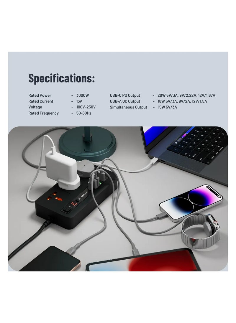 بورودو - طقم الطاقة متعدد المنافذ HUB 4 USB-A/USB-C متعدد المنافذ للمنزل والمكتب 2M / 3000 واط مخرج تيار متردد / 18W USB QC3.0 / 20W USB-C PD / سلك طاقة 200 سم مع حماية من الحرارة الزائدة - أسود - Image 1