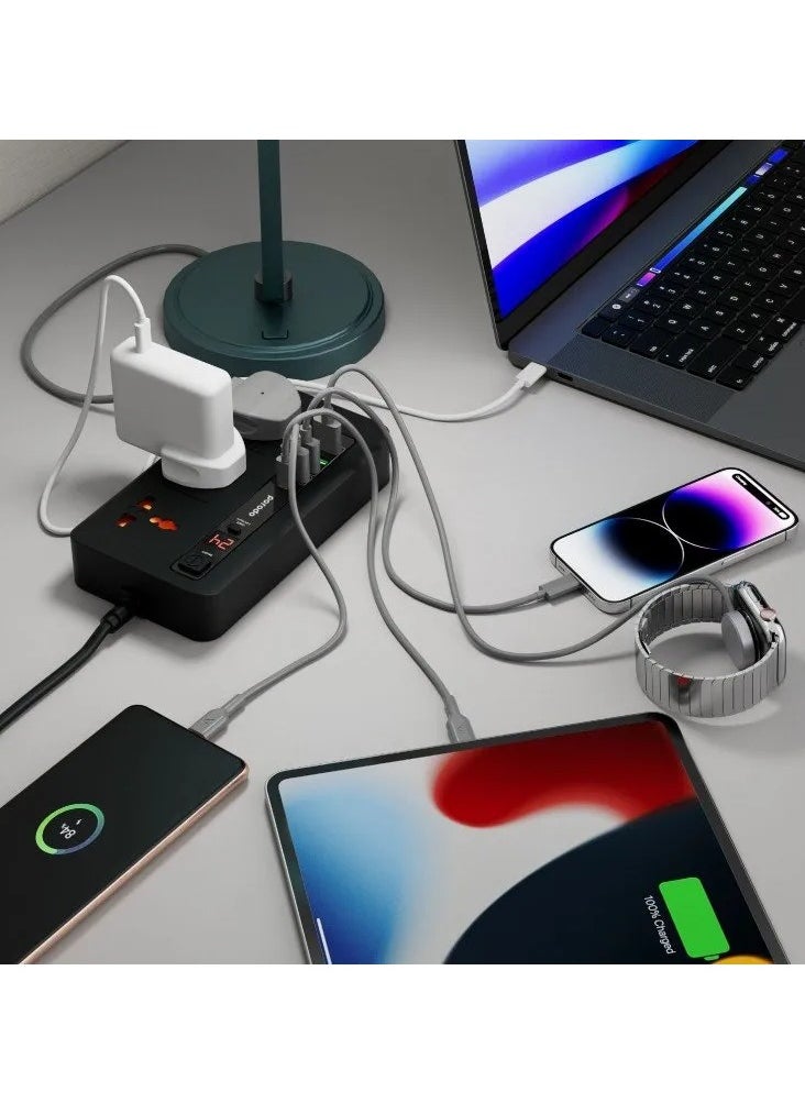 بورودو - طقم الطاقة متعدد المنافذ HUB 4 USB-A/USB-C متعدد المنافذ للمنزل والمكتب 2M / 3000 واط مخرج تيار متردد / 18W USB QC3.0 / 20W USB-C PD / سلك طاقة 200 سم مع حماية من الحرارة الزائدة - أسود - Image 1