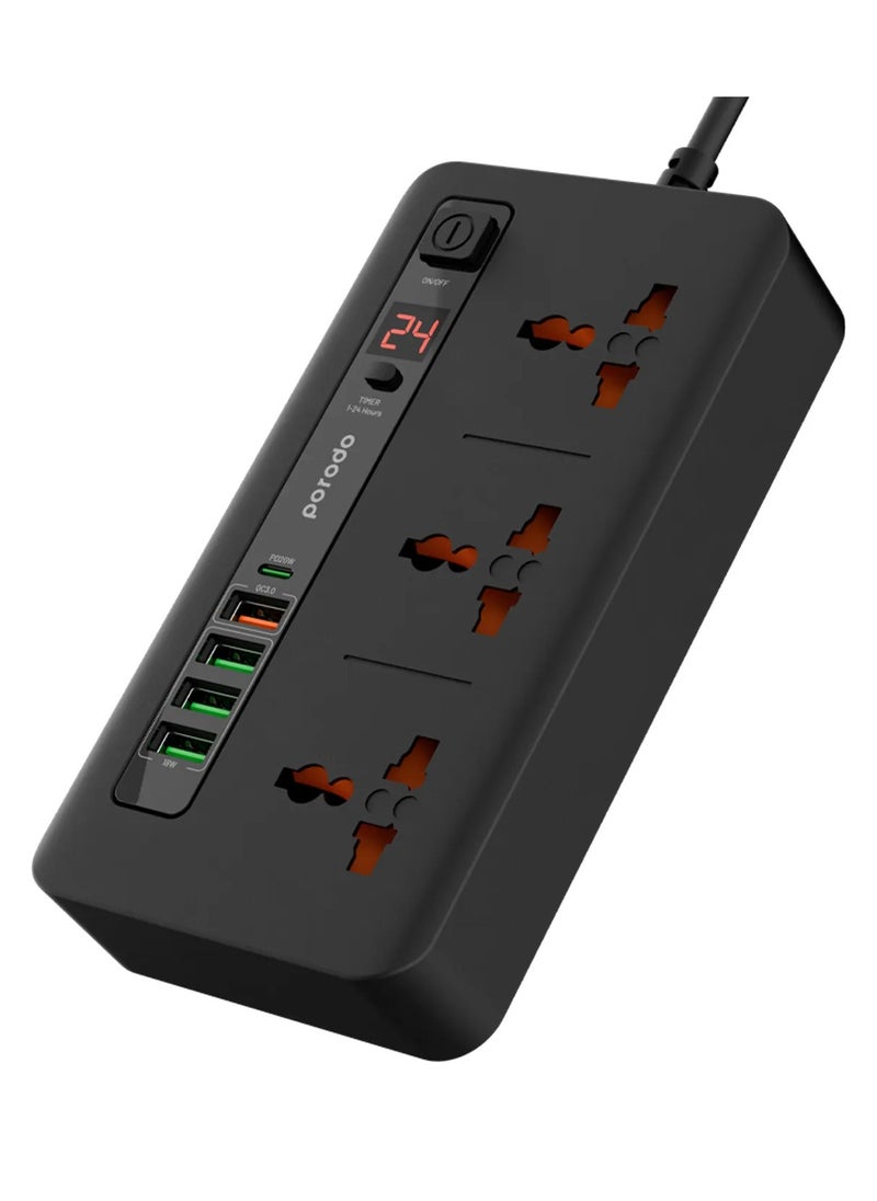 بورودو - طقم الطاقة متعدد المنافذ HUB 4 USB-A/USB-C متعدد المنافذ للمنزل والمكتب 2M / 3000 واط مخرج تيار متردد / 18W USB QC3.0 / 20W USB-C PD / سلك طاقة 200 سم مع حماية من الحرارة الزائدة - أسود - Image 1