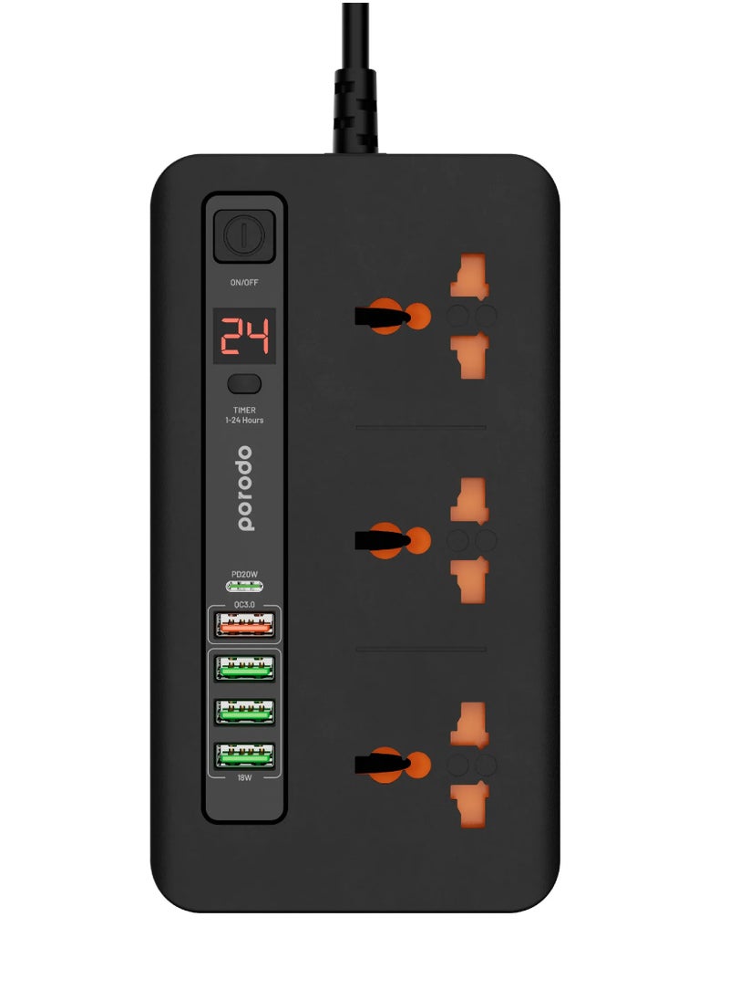 بورودو - طقم الطاقة متعدد المنافذ HUB 4 USB-A/USB-C متعدد المنافذ للمنزل والمكتب 2M / 3000 واط مخرج تيار متردد / 18W USB QC3.0 / 20W USB-C PD / سلك طاقة 200 سم مع حماية من الحرارة الزائدة - أسود - Image 1