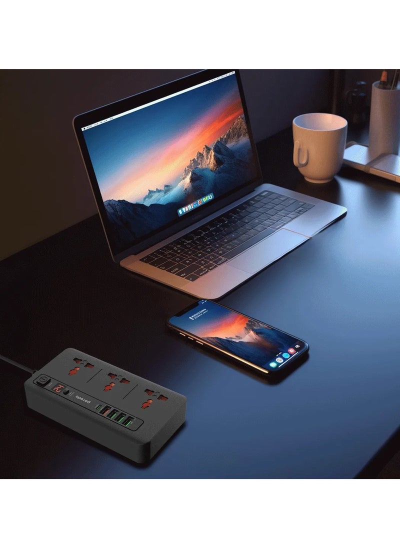 بورودو - طقم الطاقة متعدد المنافذ HUB 4 USB-A/USB-C متعدد المنافذ للمنزل والمكتب 2M / 3000 واط مخرج تيار متردد / 18W USB QC3.0 / 20W USB-C PD / سلك طاقة 200 سم مع حماية من الحرارة الزائدة - أسود - Image 1