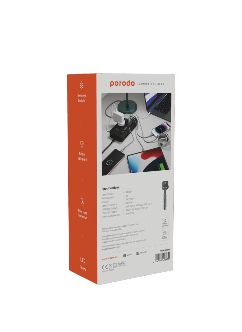 بورودو - طقم الطاقة متعدد المنافذ HUB 4 USB-A/USB-C متعدد المنافذ للمنزل والمكتب 2M / 3000 واط مخرج تيار متردد / 18W USB QC3.0 / 20W USB-C PD / سلك طاقة 200 سم مع حماية من الحرارة الزائدة - أسود - Image 1