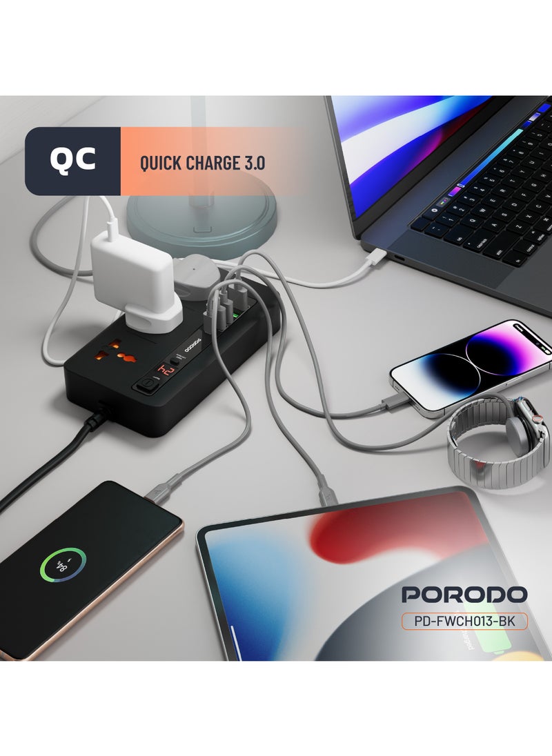 بورودو - طقم الطاقة متعدد المنافذ HUB 4 USB-A/USB-C متعدد المنافذ للمنزل والمكتب 2M / 3000 واط مخرج تيار متردد / 18W USB QC3.0 / 20W USB-C PD / سلك طاقة 200 سم مع حماية من الحرارة الزائدة - أسود - Image 1