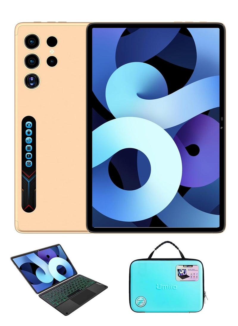 Umiio Smart Android Tablet S24 Ultra 10.1-inch HD Display with Touchpad Keyboard/Case and EWB Handbag 12GB RAM 512GB ROM 5G Network Dual SIM Kids Tablet WiFi GPS Slim Tab-Gold  - Image 1