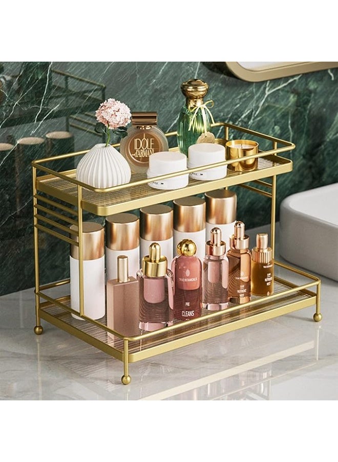 DUNISO منظم مستحضرات التجميل ذو طبقتين، رف تنظيم العناية بالبشرة على الطاولة، رف عرض مستحضرات التجميل في الحمام، قوي ودائم، مناسب لغرفة النوم، أسطح المكاتب، الحمام، 31.2*20*21.8 سم، ذهبي - Image 1