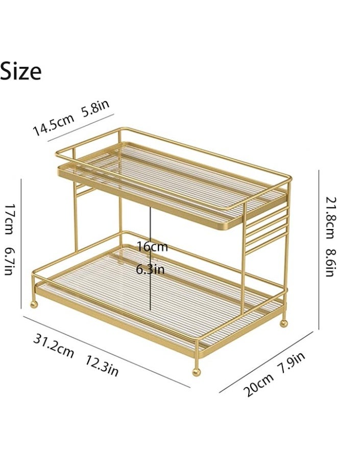 DUNISO منظم مستحضرات التجميل ذو طبقتين، رف تنظيم العناية بالبشرة على الطاولة، رف عرض مستحضرات التجميل في الحمام، قوي ودائم، مناسب لغرفة النوم، أسطح المكاتب، الحمام، 31.2*20*21.8 سم، ذهبي - Image 2