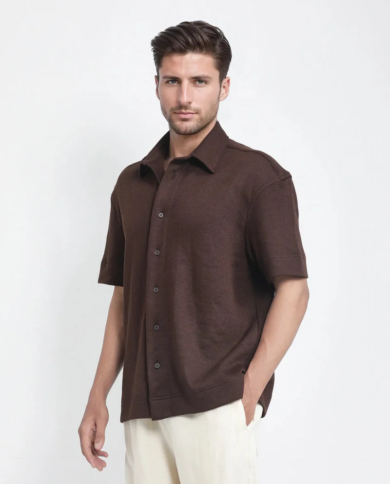 Rare Rabbit Rare Rabbit Men Kash Brown Viscose Fabric Half Sleeve Collared Neck Button Closure Oversized Fit Plain Shirt