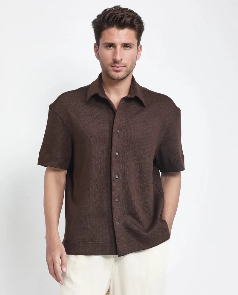 Rare Rabbit Rare Rabbit Men Kash Brown Viscose Fabric Half Sleeve Collared Neck Button Closure Oversized Fit Plain Shirt