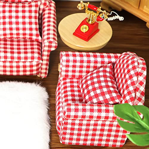 Cutemini Dollhouse Couch with Pillow 1 12 Scale Miniature Sofa Arm Chair Living Room Furniture Wooden Fabric Frame Single Reading Chair Artificial House Room Scene Decoration Plaid - Image 5