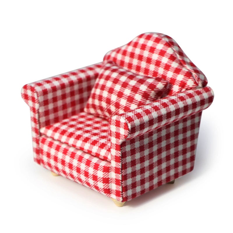 Cutemini Dollhouse Couch with Pillow 1 12 Scale Miniature Sofa Arm Chair Living Room Furniture Wooden Fabric Frame Single Reading Chair Artificial House Room Scene Decoration Plaid - Image 3