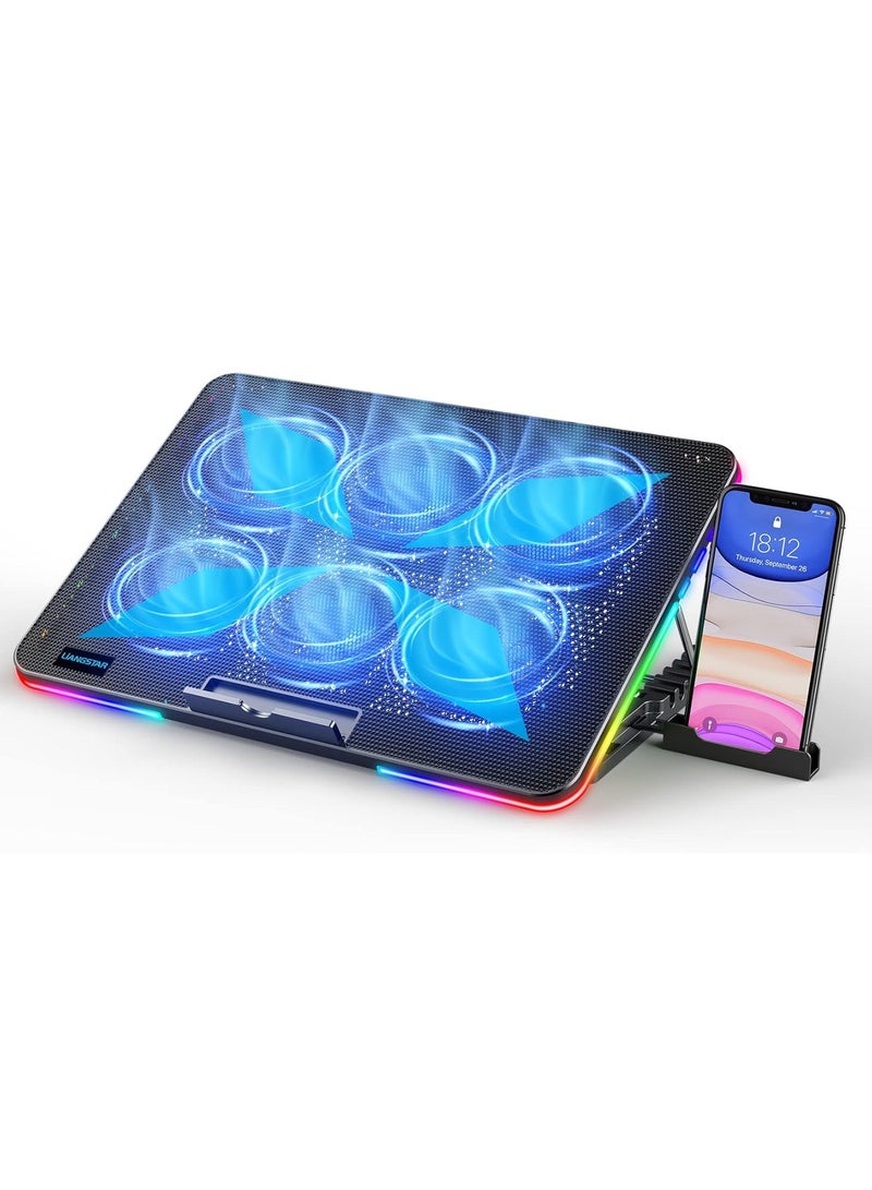 Yakiter RGB Laptop Cooling Pad Gaming Laptop Cooler, Laptop Fan Cooling Stand with 6 Quiet Cooling Fans for 15.6-17 inch laptops, 7 Height Adjust, LED Lights & LCD Screen, 2 USB Ports, Lap Desk Use  - Image 1