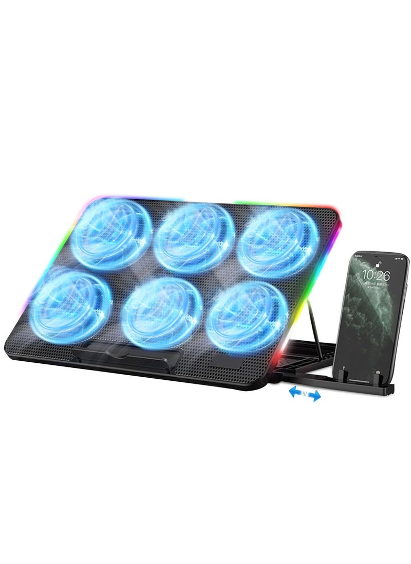 Yakiter Laptop Cooling Pad, Laptop Cooler with 6 Quiet Fans for 15.6-17 Inch Gaming Fan Stable Stand, 7 Height Adjust, RGB Light 10 Modes, Switch Control Fan Speed, 2 USB Port & Phone Holder  - Image 1