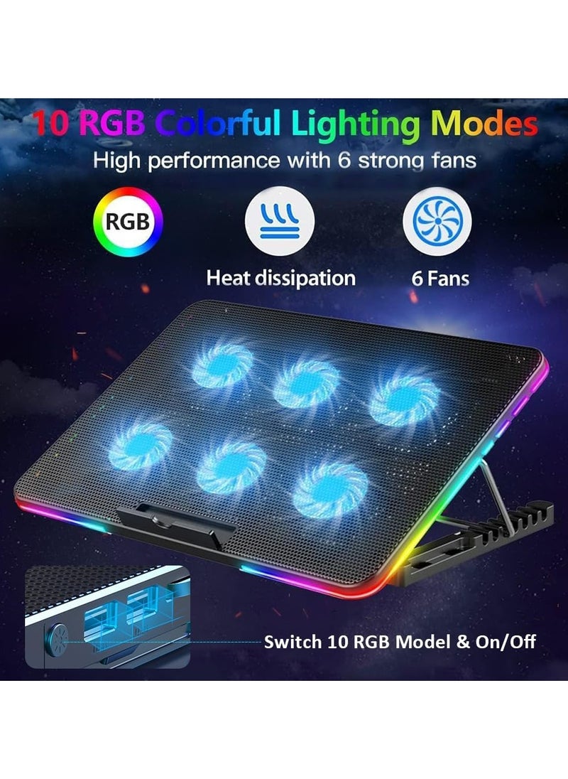Yakiter Laptop Cooling Pad, Laptop Cooler with 6 Quiet Fans for 15.6-17 Inch Gaming Fan Stable Stand, 7 Height Adjust, RGB Light 10 Modes, Switch Control Fan Speed, 2 USB Port & Phone Holder  - Image 2