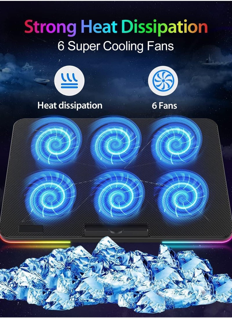 Yakiter Laptop Cooling Pad, Laptop Cooler with 6 Quiet Fans for 15.6-17 Inch Gaming Fan Stable Stand, 7 Height Adjust, RGB Light 10 Modes, Switch Control Fan Speed, 2 USB Port & Phone Holder  - Image 3