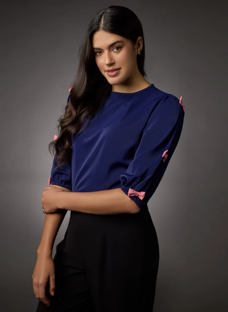 Zigzag Tiny Bow Solid Chiffon Half Sleeve Top