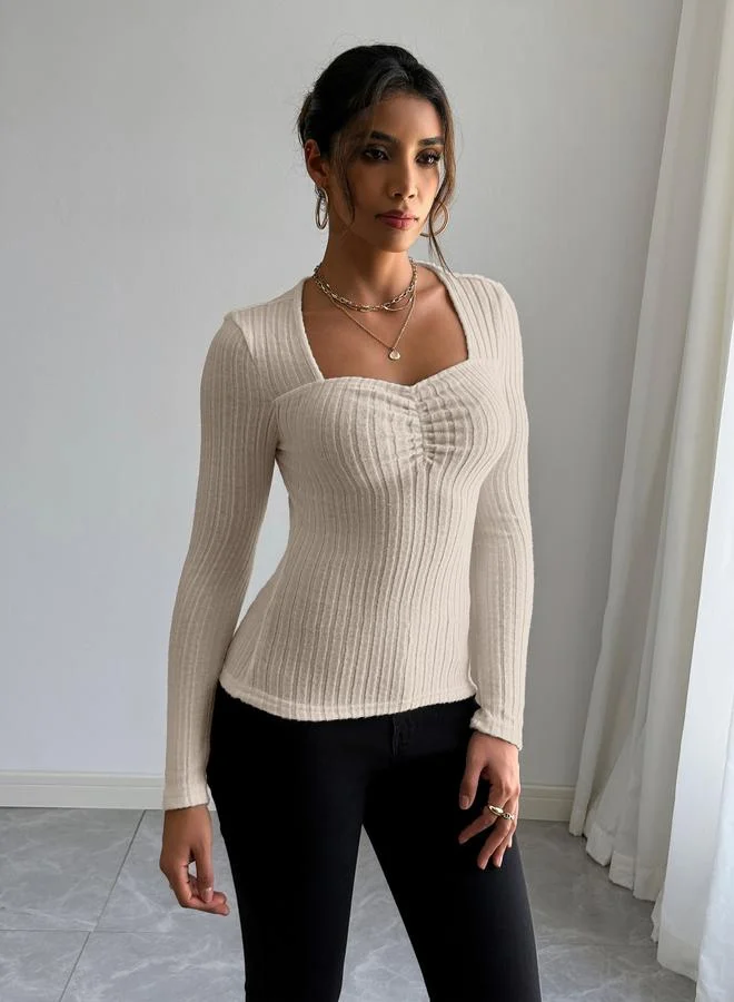 Take Two Women Beige Long Sleeve Ribbed Top