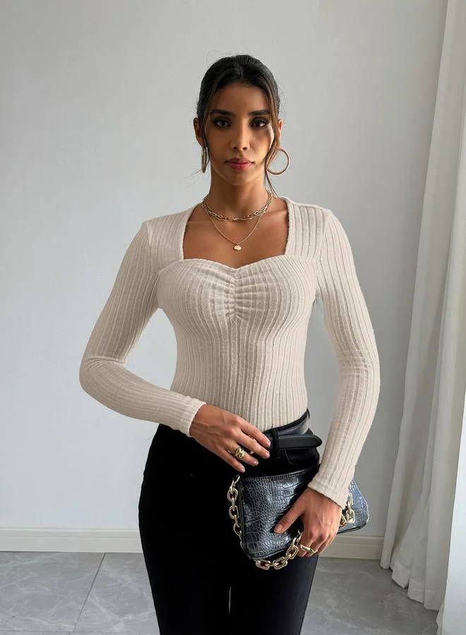 Take Two Women Beige Long Sleeve Ribbed Top