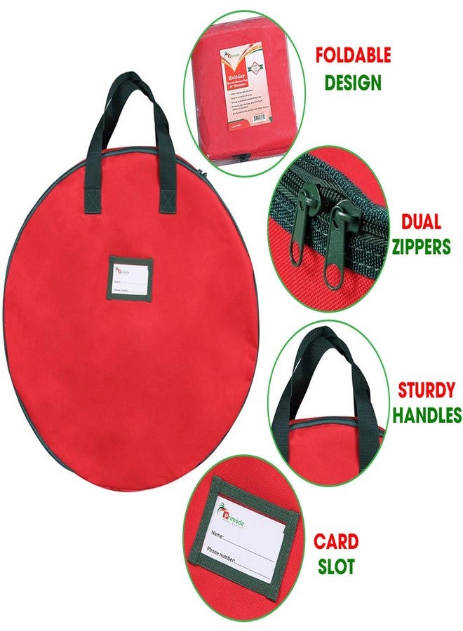 Primode Christmas Wreath Storage Bag 24" - 2 Pack Artificial Wreath Container - Garland Holiday Xmas Wreaths Holder - Sturdy Handles - Inner Straps - Card Slot Dual Zipper Strong Oxford (24 Inch, Red) - Image 2