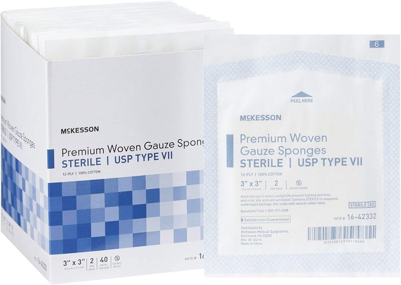 McKesson Premium Woven Gauze Sponges, Sterile, 12-Ply, USP Type VII, 100% Cotton, 3 in x 3 in, 2 per Pack, 40 Packs, 80 Total