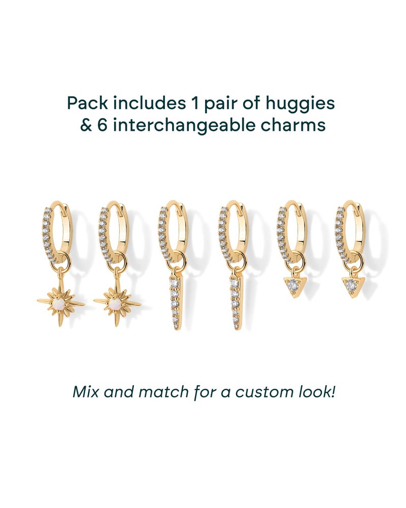 PAVOI 14K Yellow Gold Plated Huggie Earrings and Charm Set for Women | Mix and Match Earring Pack with Star Cubic Zirconia Charms - Image 3