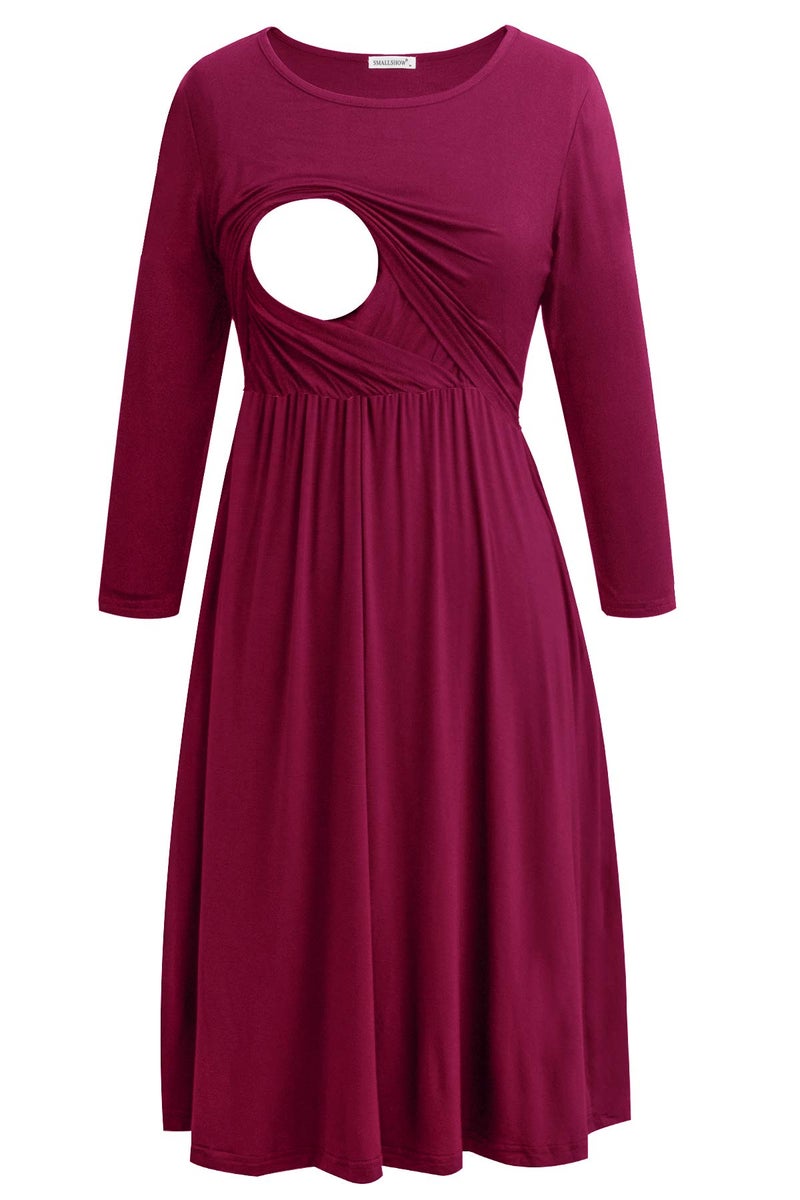 Smallshow Womens Maternity Nursing Dress 34 Sleeve Dress for Breastfeeding Medium Wine