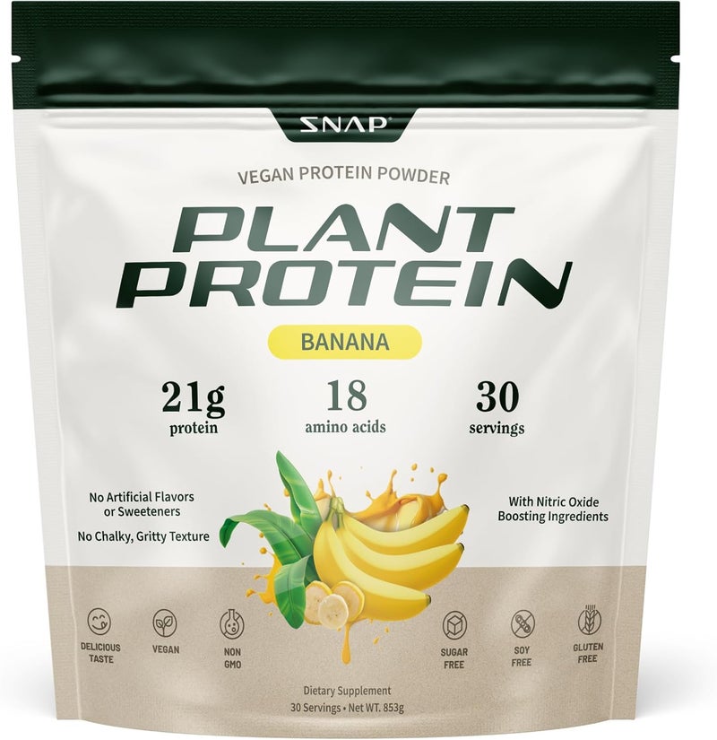 Snap Supplements Organic Plant Based Vegan Protein Powder Nitric Oxide Boosting Protein Powder BCAA Amino Acid for Muscle Growth Performance  Recovery  30 Servings Banana - Image 1