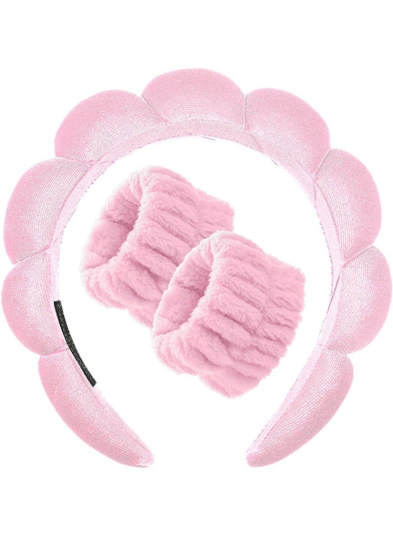 3 Pack Sponge Headband Wristband Skincare Makeup Hair Band Set Flower Face Washing Headband Terry Cloth Wrist Washband Kit for Skin Care Makeup Removal Spa Shower Wash Women(Pink) - Image 2